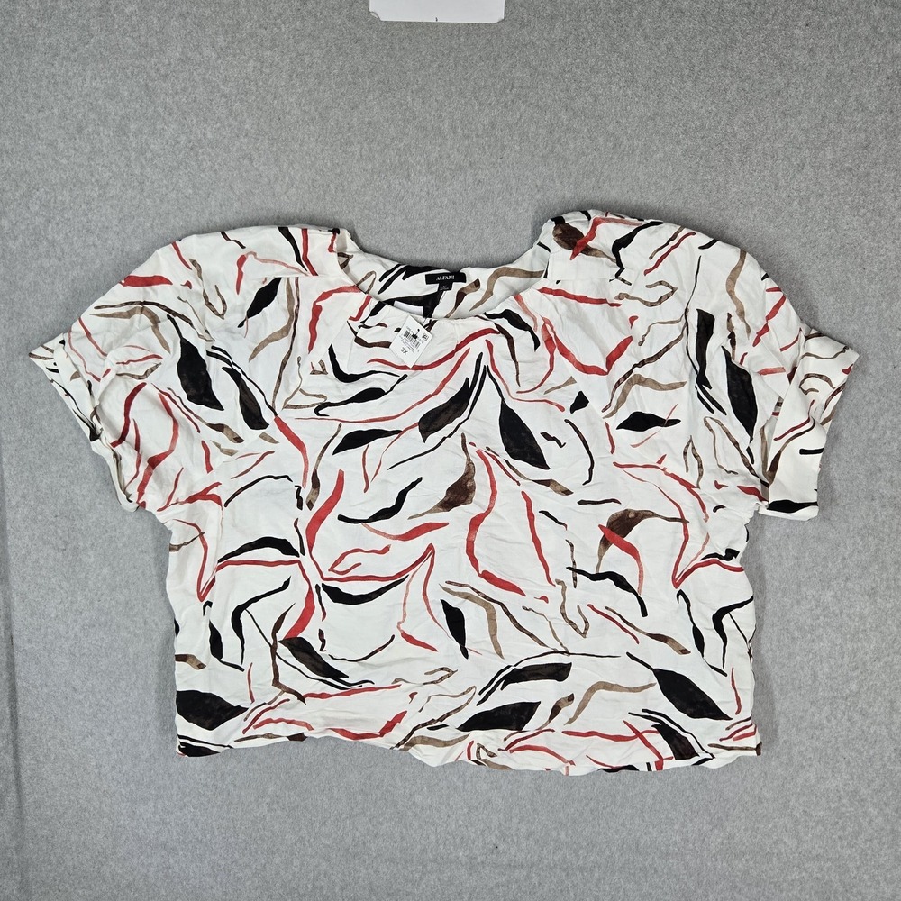 Alfani Women Blouse 3X White Abstract Print Linen Blend Short Sleeve Casual NWT